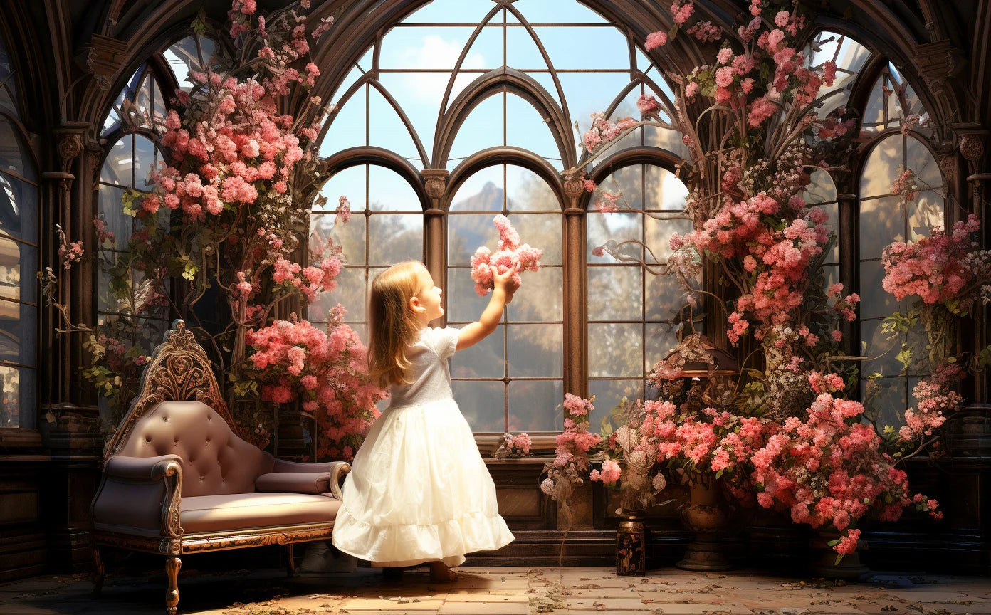 Castle Windows Backdrops Kids Gril Photography Props Child Adult Photocall Decors Spring Floral Garden Backgrounds