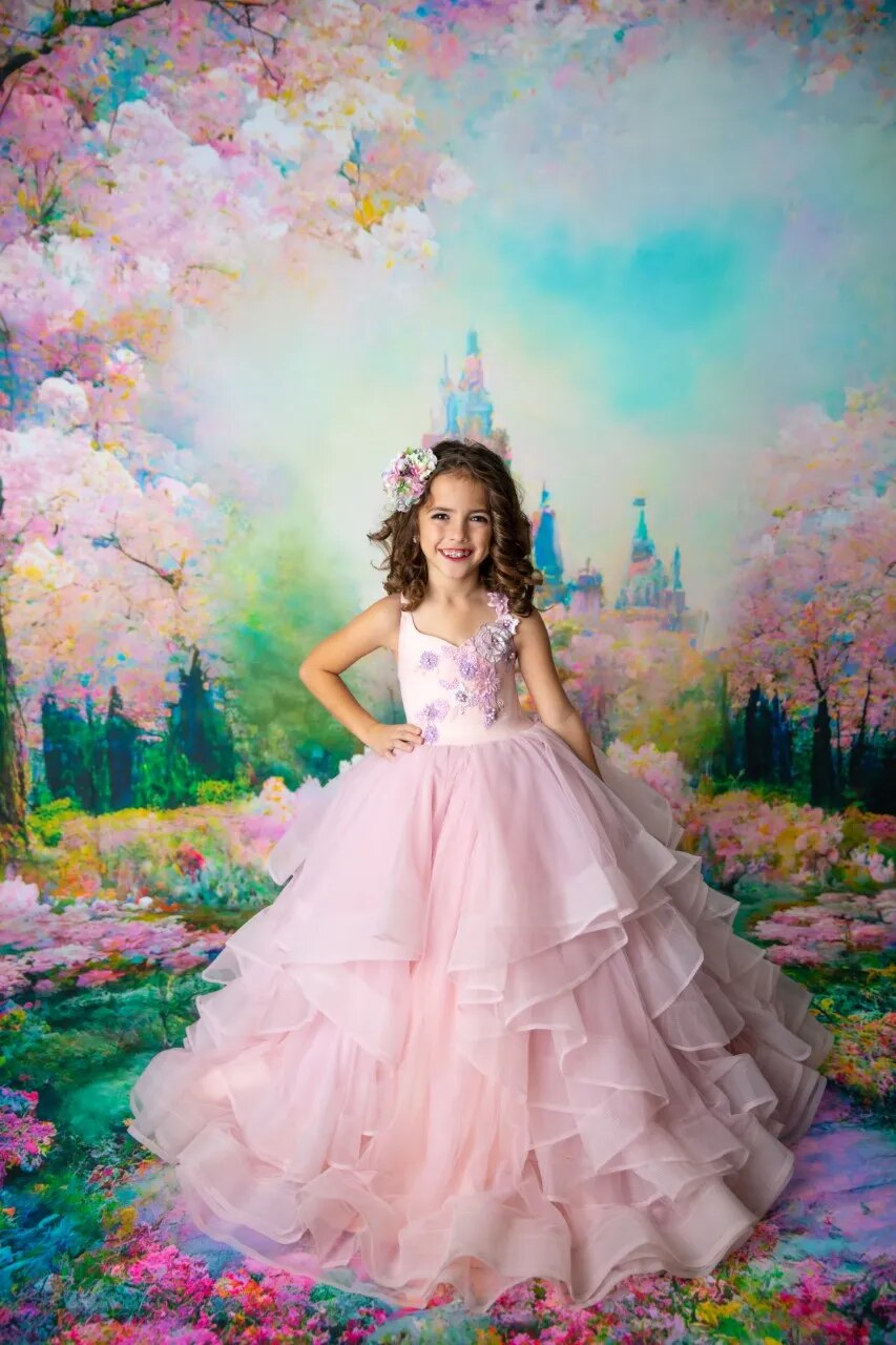 Pastel Wonderland Castle Backdrops Kids Girl Photography Props Child Baby Birthday Decors Floral Garden Road Background