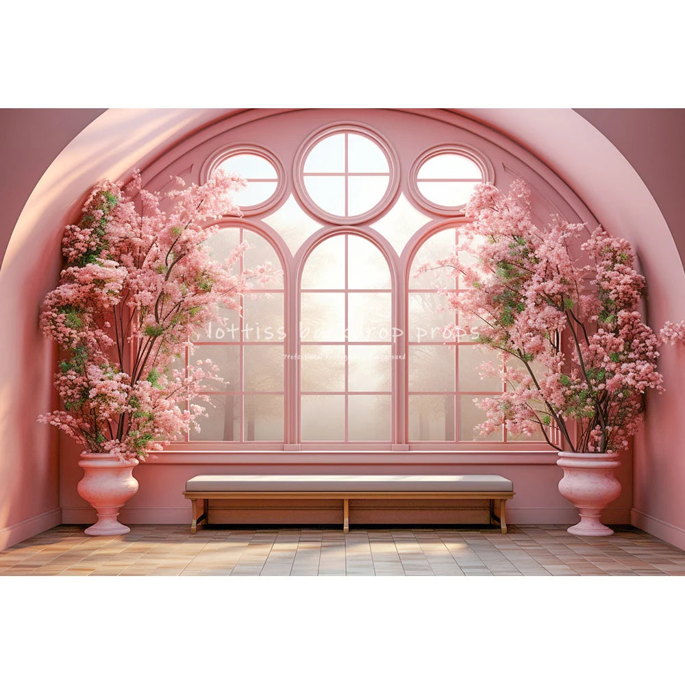 Spring Windows Backdrops Kids Girl Photography Child Adult Photocall Roses Vases Room With Pink Curtains Garden Backgrounds