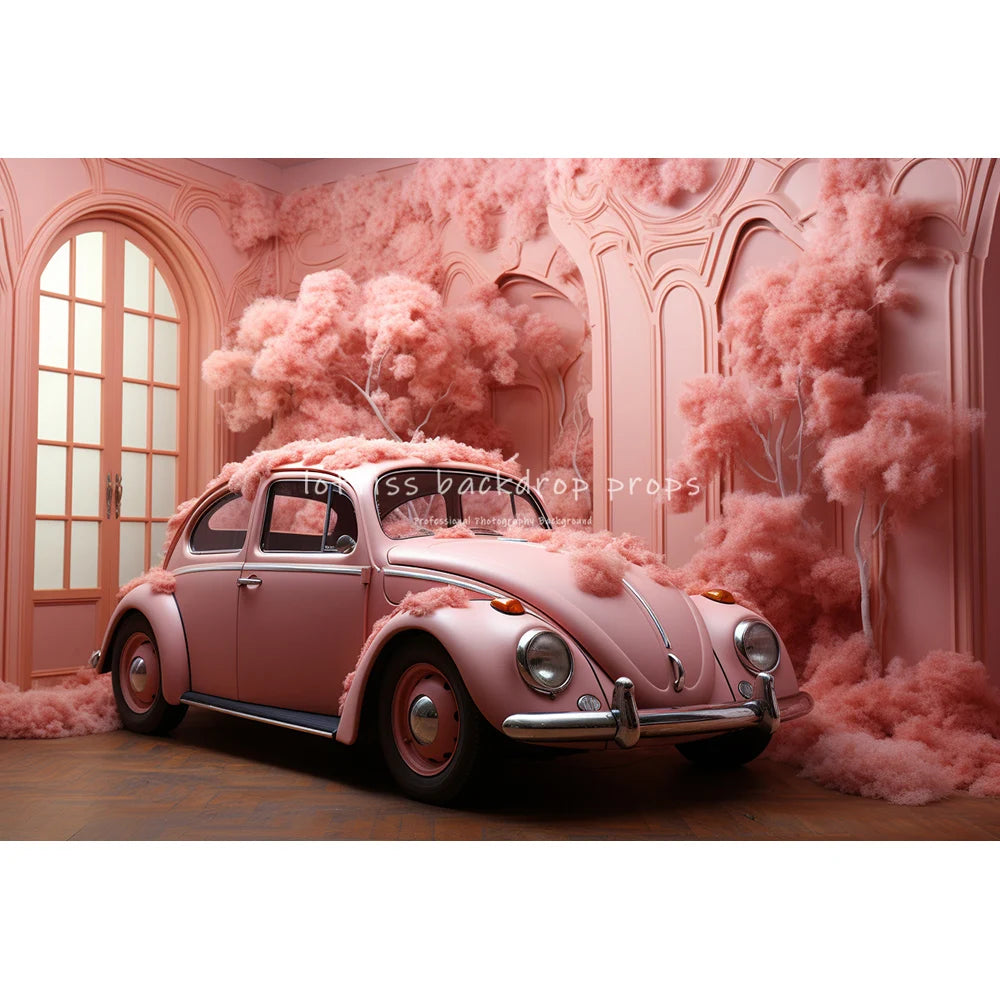 Valentine's Day Pink Floral Car Backdrops Kids Baby Photogrpahy Child Lover Photocall Rose Red Heart Festival Backgrounds