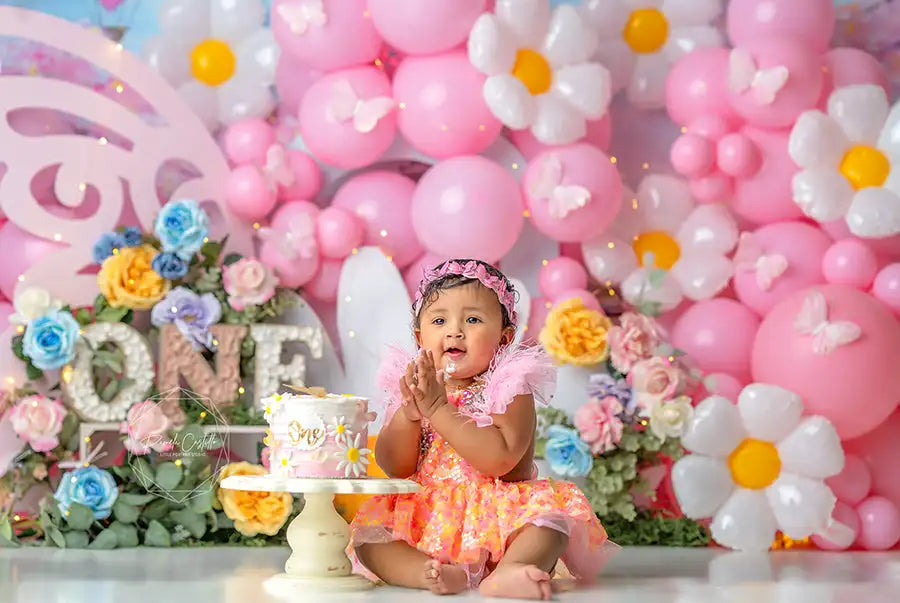 Little Miss Daisy Backdrop Balloons and Floral Kids Baby 1st Birthday Party Decors Child Girls Cake Smash Photography Background