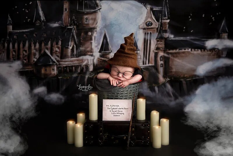 Arrière-plan de photographie de château de la vallée magique, école de sorciers, grande lune, gâteau pour enfants, accessoire Photo d'anniversaire, réception-cadeau pour bébé 