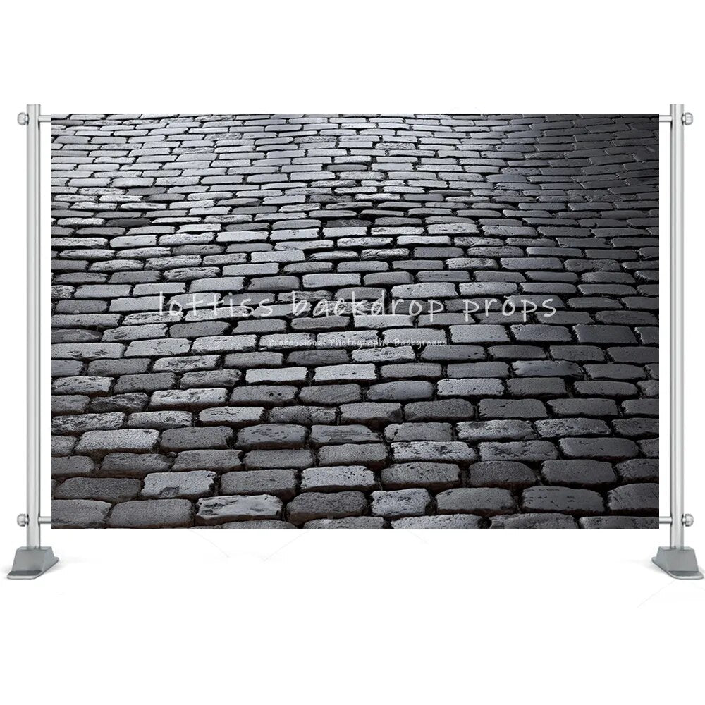 Stone Floor Backdrop Brick Road Photography Texture Design Black White Cobblestone Pavement Background Street Floor Photo Props