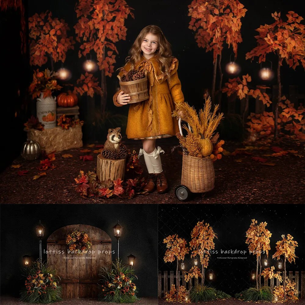 Arrière-plan de forêt d'automne de minuit, accessoires de photographie pour enfants et adultes, décors de gâteaux d'anniversaire pour bébés et enfants, arrière-plan de forêt d'automne et d'halloween 