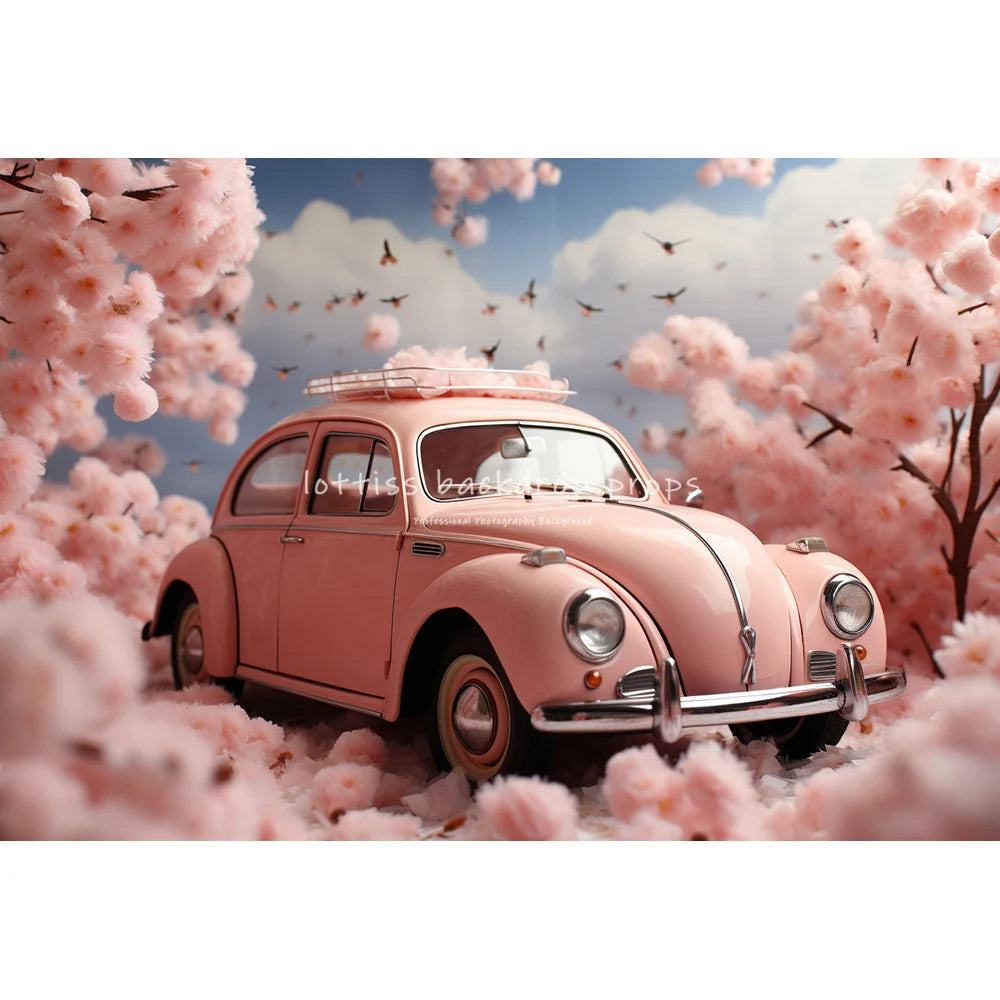 Valentine's Day Pink Floral Car Backdrops Kids Baby Photogrpahy Child Lover Photocall Rose Red Heart Festival Backgrounds