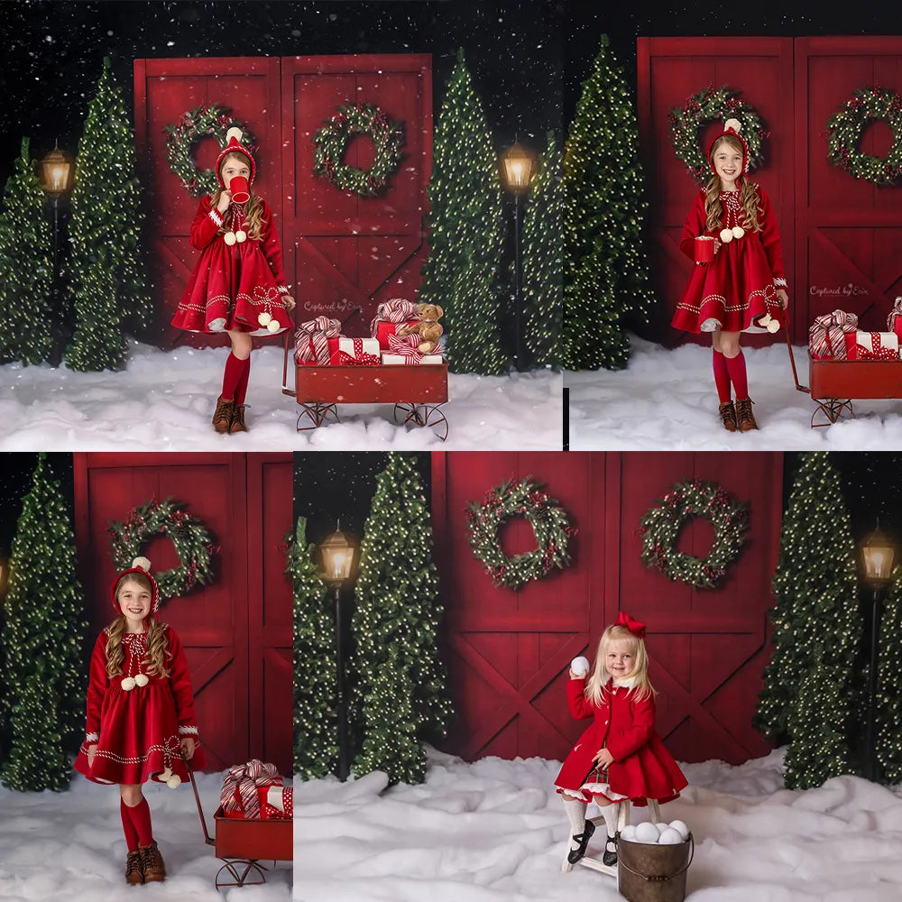 Winter Red Barn Doors Kids Photography Adult Baby Xmas Photocall Snowy Trees Christmas Snowflake Forest Background