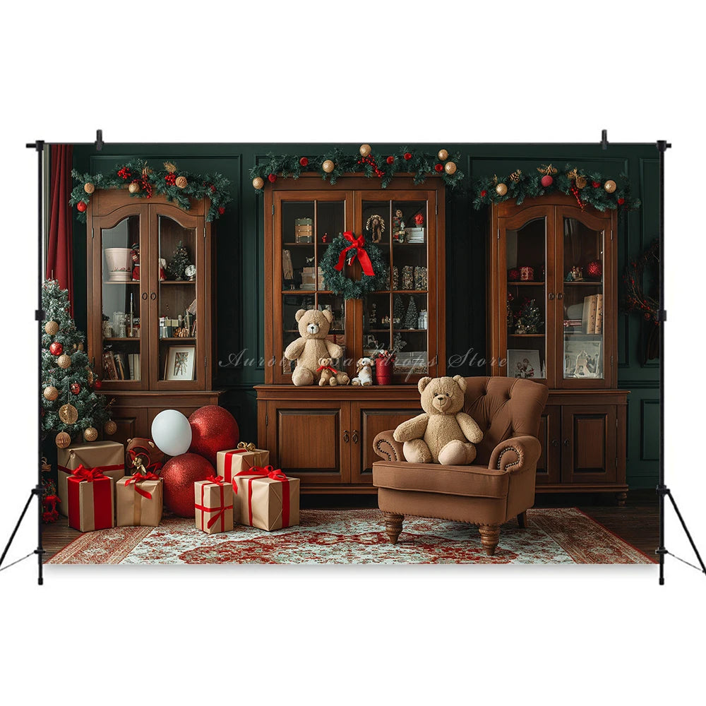 Christmas Theme Little Bear Backdrop Kids Baby Cake Smash Photography Props Fireplace Child Adult Photo Studio Backgrounds