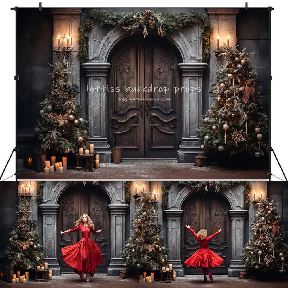 Winter Churchs Medieval Door Backdrops Kids Adult Xmas Photography Props Child Adult Photocall Snowy House Front Background