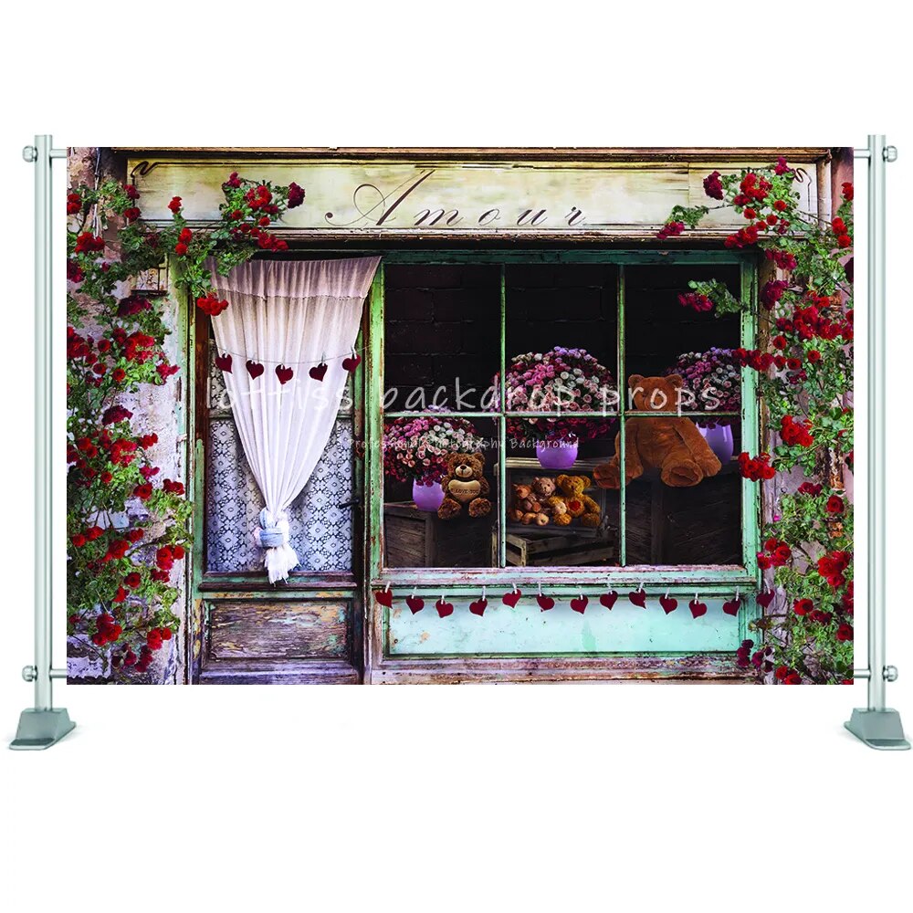 Valentines' Day Backdrop Display Window Floral Shop Carts Brick Wall Deco Marriage Kids Family Portrait Rose Props Background