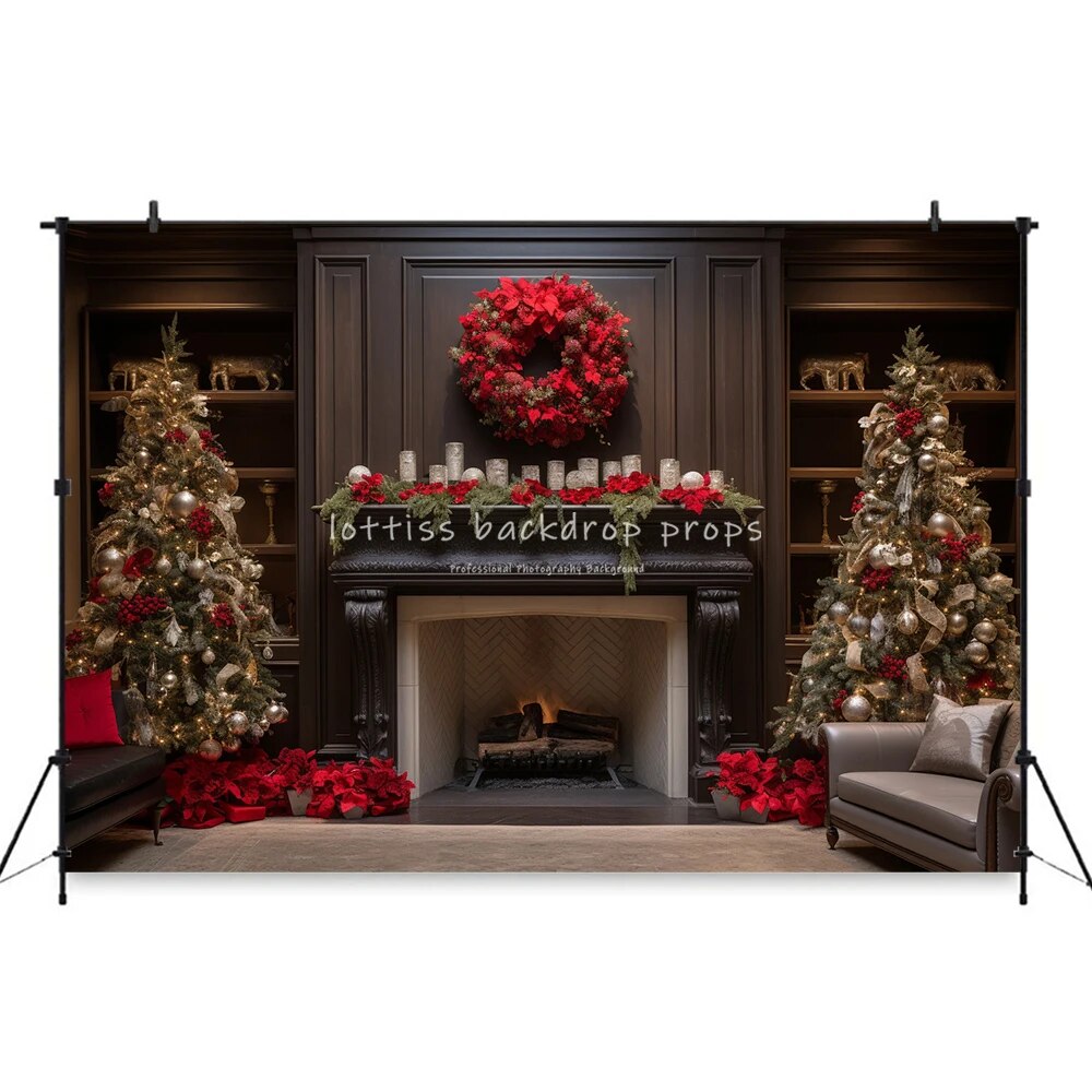 Christmas Fireplace Backdrops Kids Adult Photography Props Child Baby Photocall Decors Xmas Trees Gifts Box Festival Background