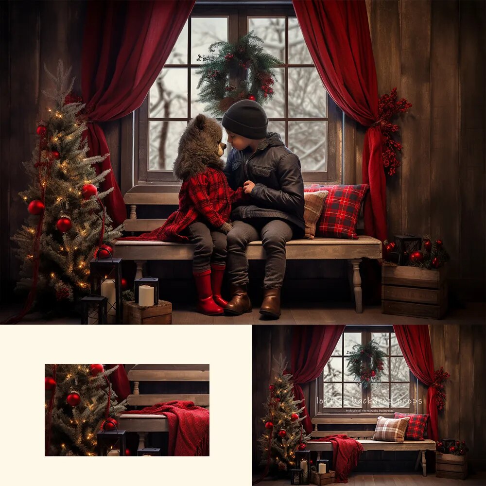 Arrière-plan de fenêtre rouge de noël, accessoires de photographie pour enfants et bébés, pour séance photo, arbres de noël, chaises longues, décors 