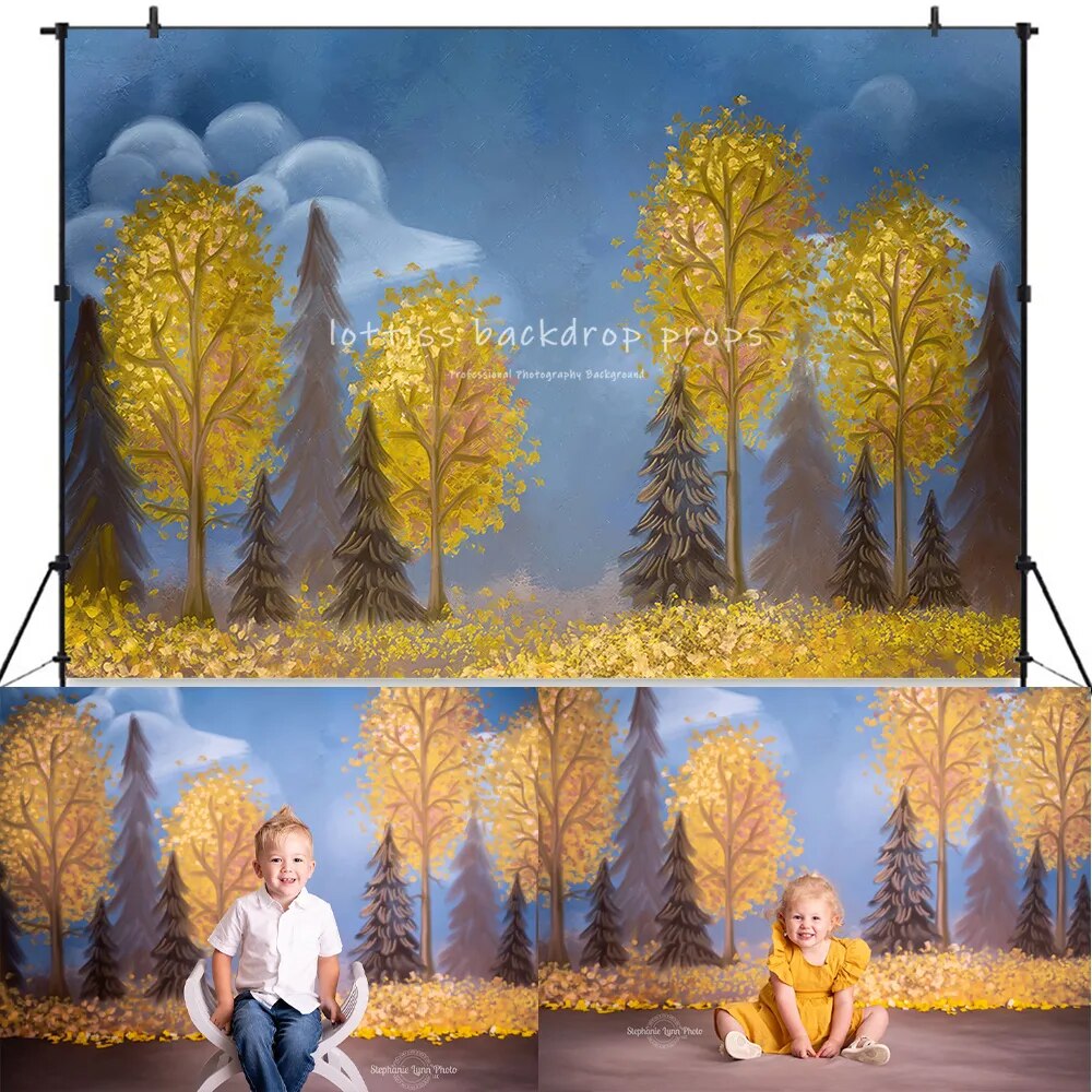 Arrière-plan joyeux automne Yall, arrière-plan pour séance photo d'enfants, gâteau d'anniversaire pour enfants, accessoires de photographie, arrière-plan d'arbres forestiers 