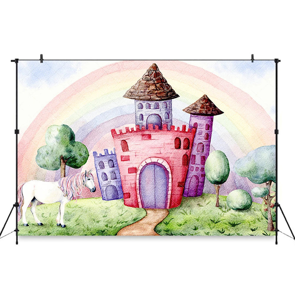 Rainbow Castle Kids Cake Smash Photography Background Child Birthday Photocall Decors Spring Plants White Horse Cartoon Backdrop