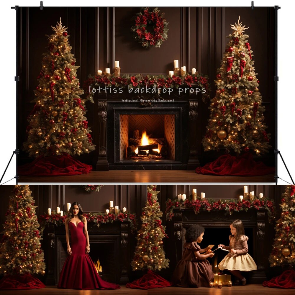 Christmas Fireplace Backdrops Kids Adult Photography Props Child Baby Photocall Decors Xmas Trees Gifts Box Festival Background