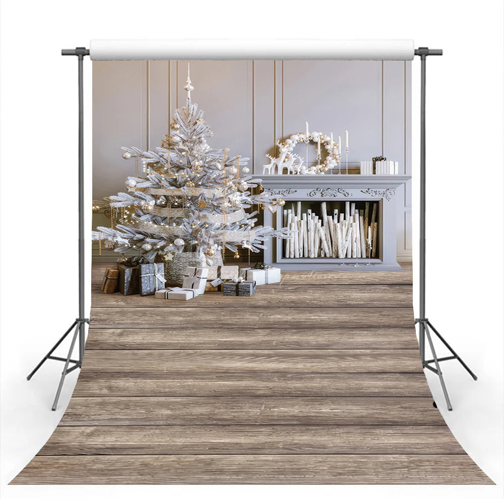 Christmas Wooden Floor Interior Decoration Fireplace and Gifts Baby Kids Portrait Family Party Photocall Photograhy Background