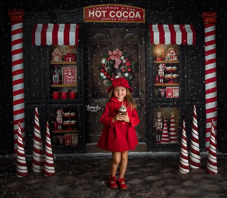 Christmas Hot Cocoa Shop Backdrops Kids Baby Photography Child Adult Winter Xmas Photocall Snowflake Street Background