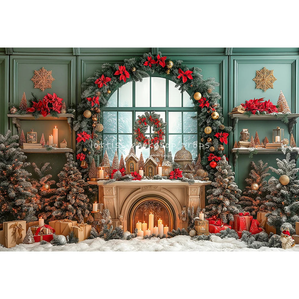 Christmas Windows Fireplace Backdrops Kids Adult Photography Child Photocall Xmas Trees Wreath Curtains Winter Backgrounds