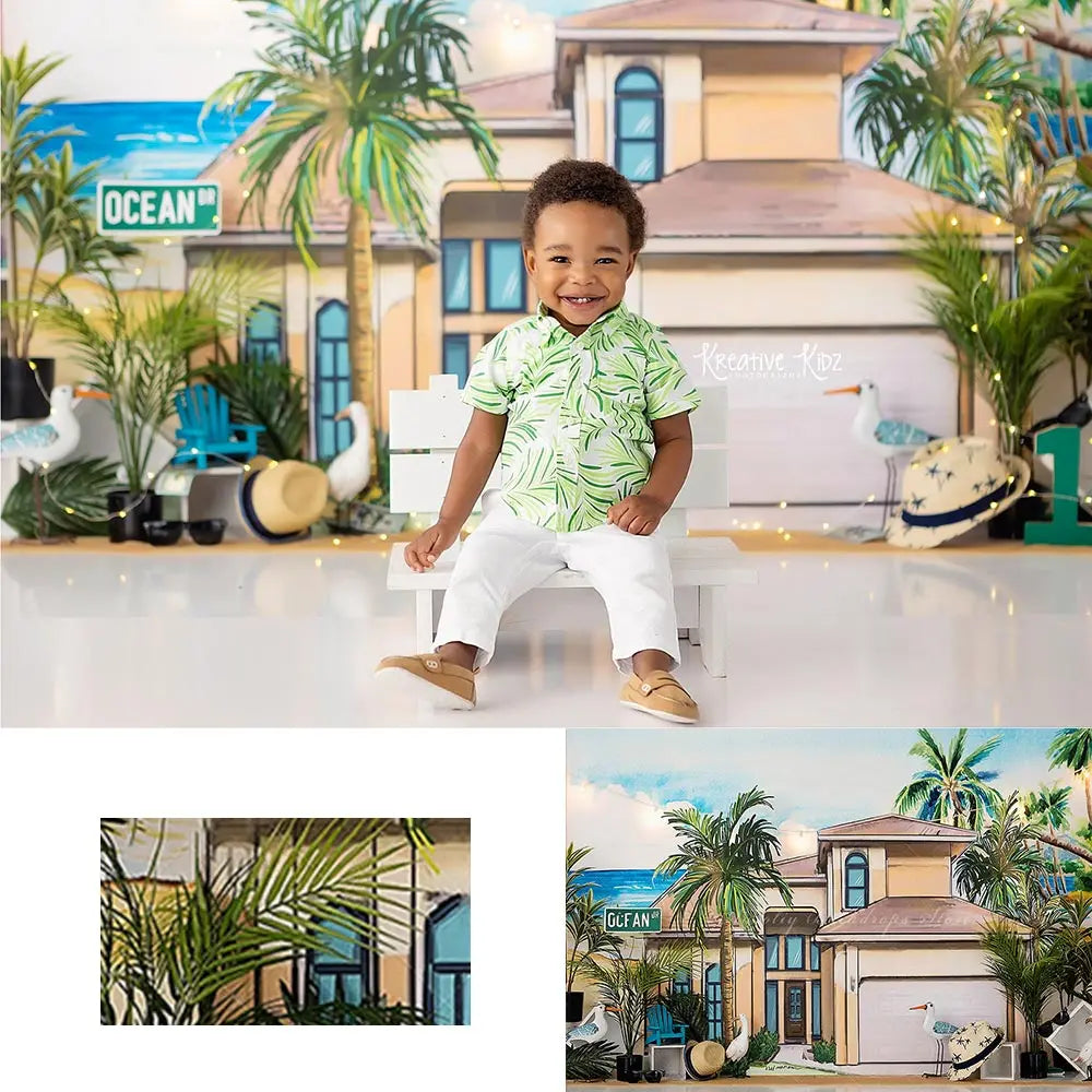 Seaside House and Plam Trees Backdrop Kids Baby Cake Smash Photography Props Child Adult Birthday Studio Backgrounds