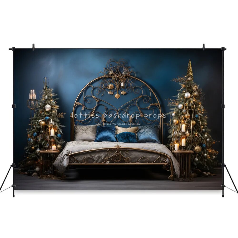 Arrière-plan de tête de lit de noël pour chambre à coucher, accessoires de photographie pour enfants et adultes, décors pour séance photo, arrière-plan d'arbres de noël dorés 