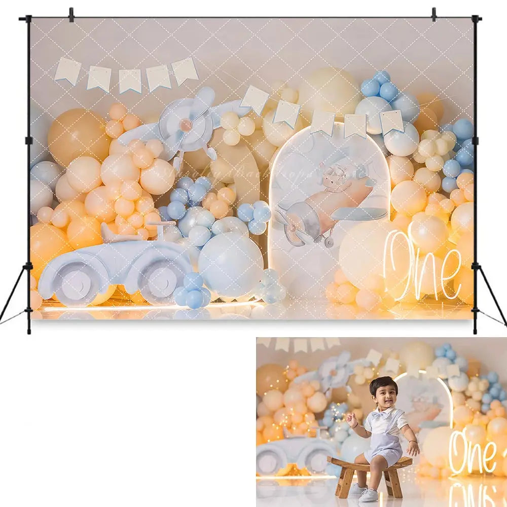 Airplane and Car Photo Backdrop Balloon Arch Kids Baby Cake Smash Photography Props Boys Adult Birthday Studio Backgrounds