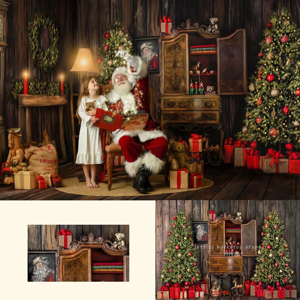 Santas Cabinet of Christmas Wishes Photography Backdrops For Child Portrait Props Family Xmas Fireplace Livingroom Background