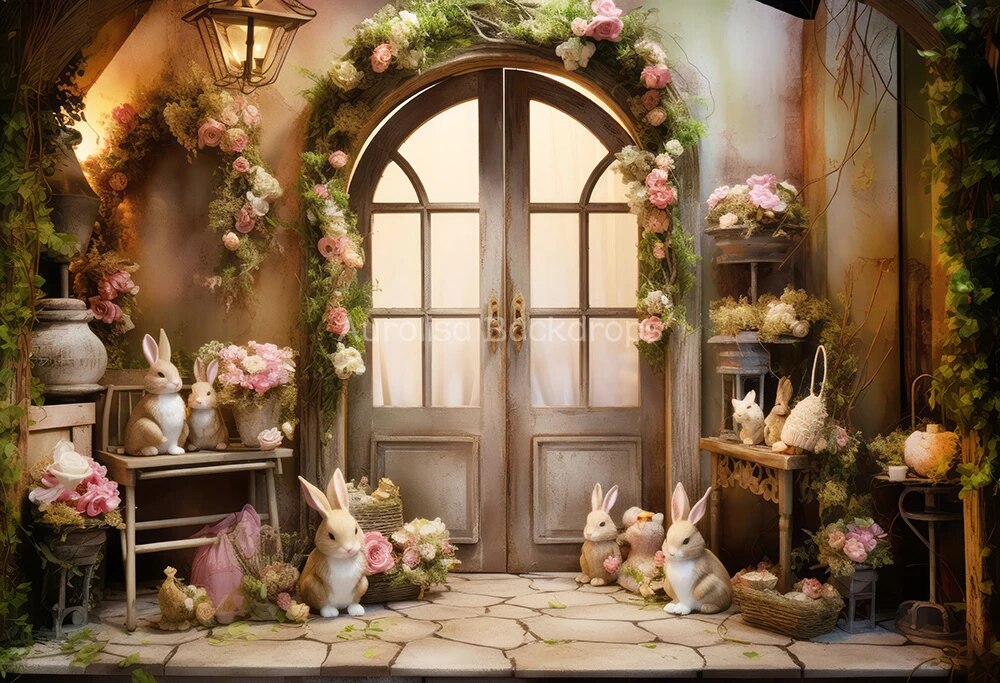 Garden Doors Backdrops Kids Baby Spring Photography Props Child Adult Girl Photocall Country Pink Rose Floral Bunny Background