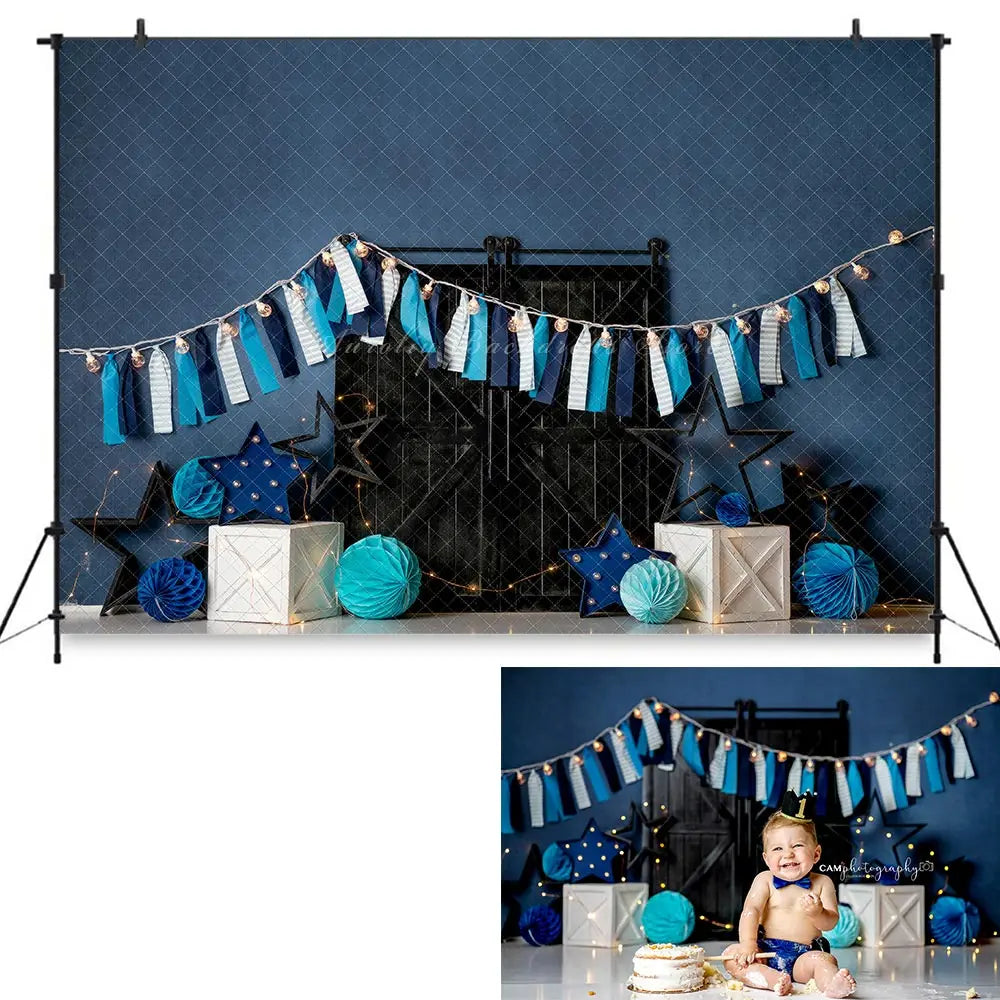 Super Star Blue Backdrop Kids Baby Cake Smash Photography Props Boys Adult Birthday Studio Backgrounds