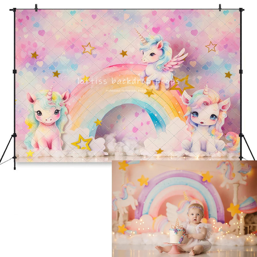 Happy Unicorns Backdrops Kids Boy Photography Props Child Adult Photocall Decors Child Birthday Cake Smash Props Backgrounds