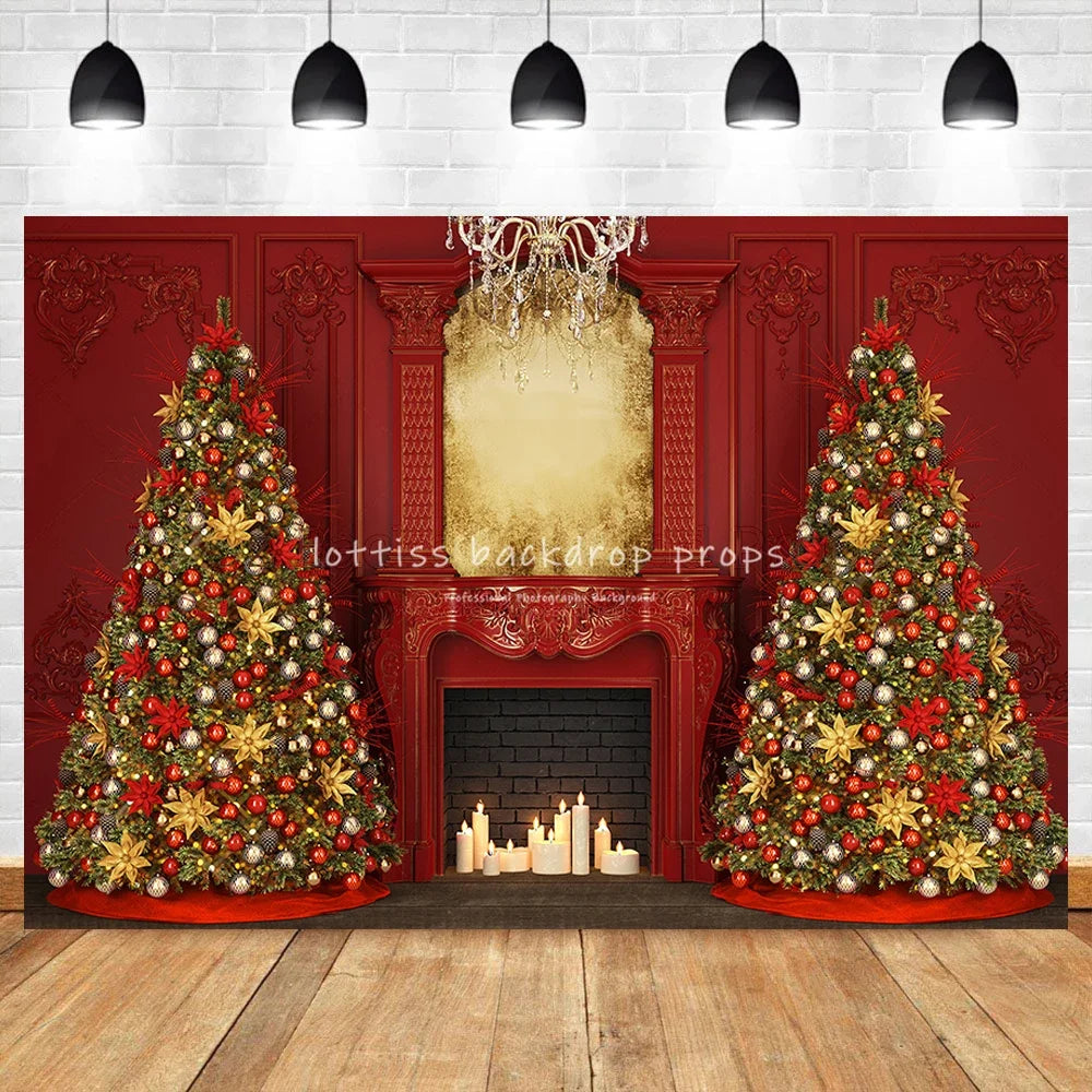 Red Gorgeous Xmas Fireplace Background Retro Wall Christmas Trees Gift Box Background Baby Girl Family Photostudio Props