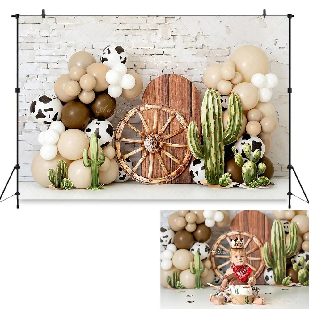 Cowboy Balloons Backdrop Kids Baby Cake Smash Photography Props Cactus Child Boys Adult Birthday Studio Backgrounds