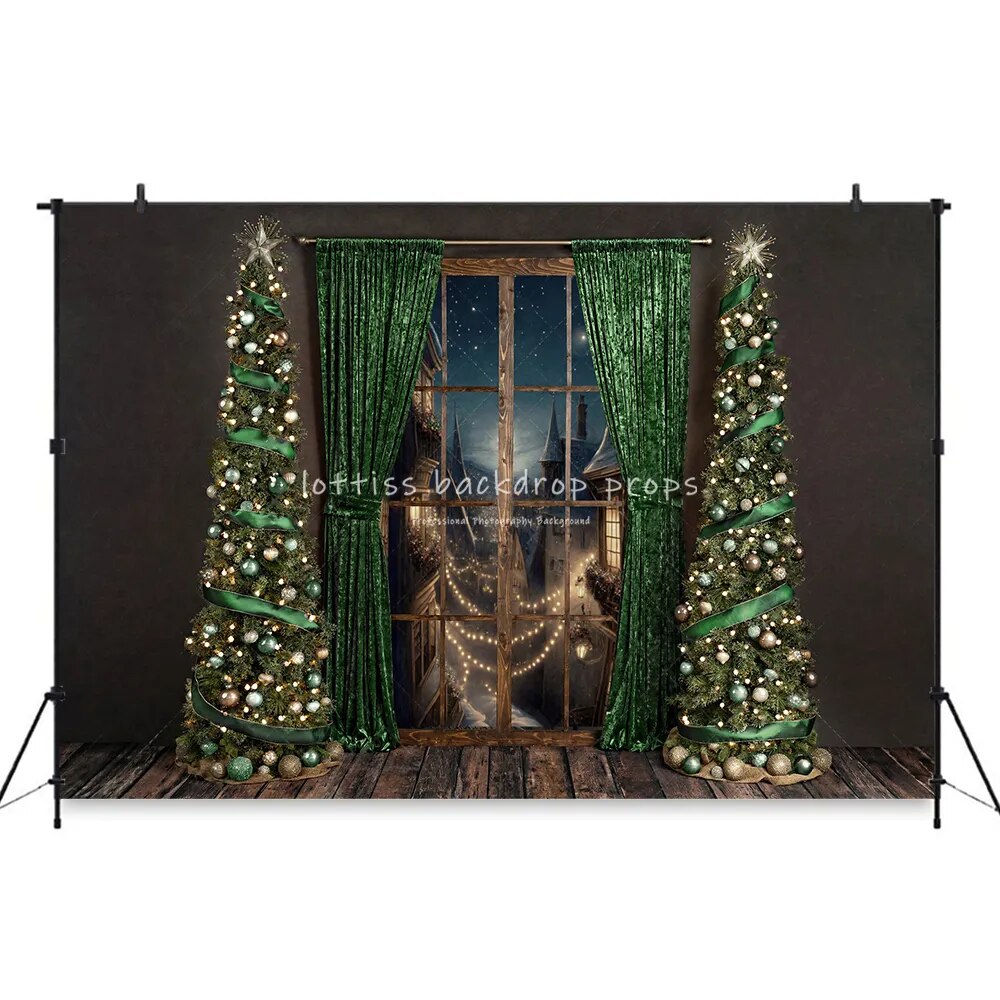 Arrière-plan de tête de lit de noël, bleu, réveillon d'hiver, accessoires de Portrait de famille pour enfants et adultes, décor d'arbres de noël pour studio photo 