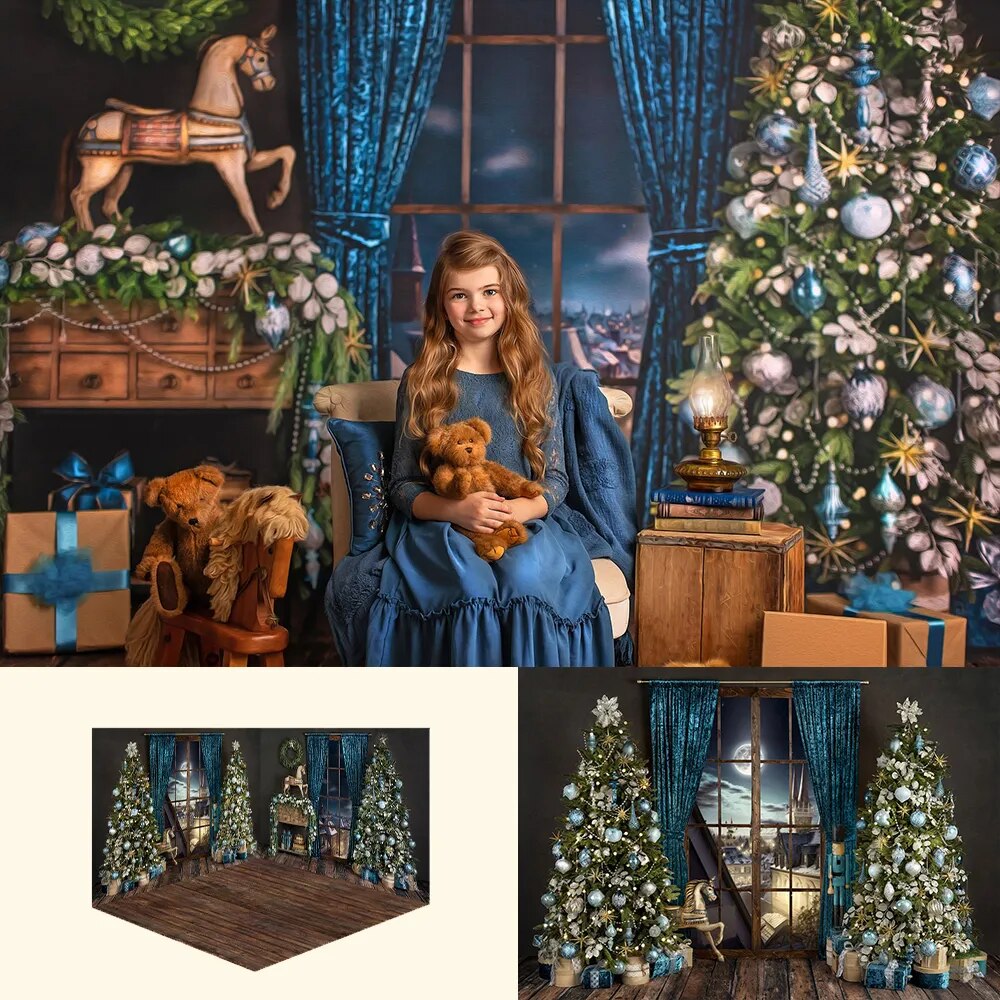 Blue Festivity Christmas Livingroom Backdrops Child Family Photocall Props Xmas Trees Windows Background For Baby Photostudio