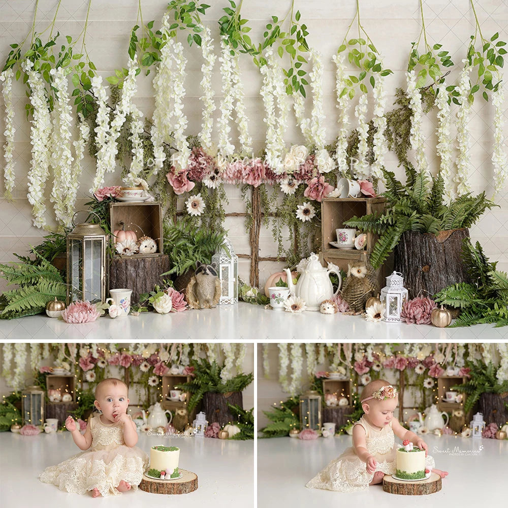 Floral Wall Tea Party Backdrops Kids Baby Cake Smash Photography Props Child Adult Photocall Garden Flower Forest Backgrounds