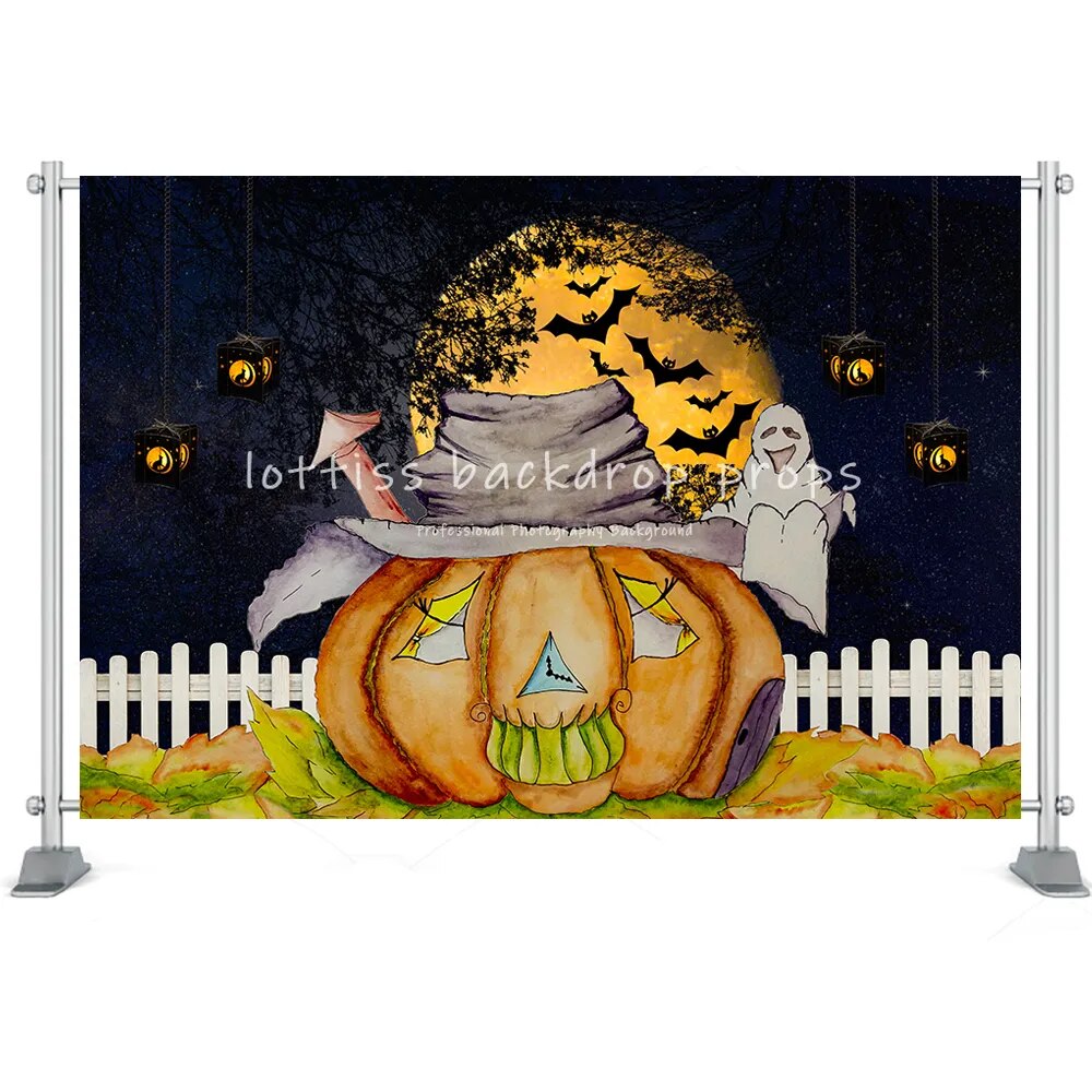 Halloween grande citrouille lanterne fond horreur lune nuit cimetière photographie enfants anniversaire Portrait atoile de fond Photo Studio