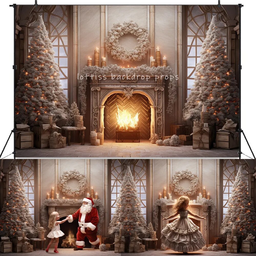 Christmas Burning Fireplace Backdrops Kids Baby Photography Adult Child Photocall Props Living Room Xmas Trees Backgroundm