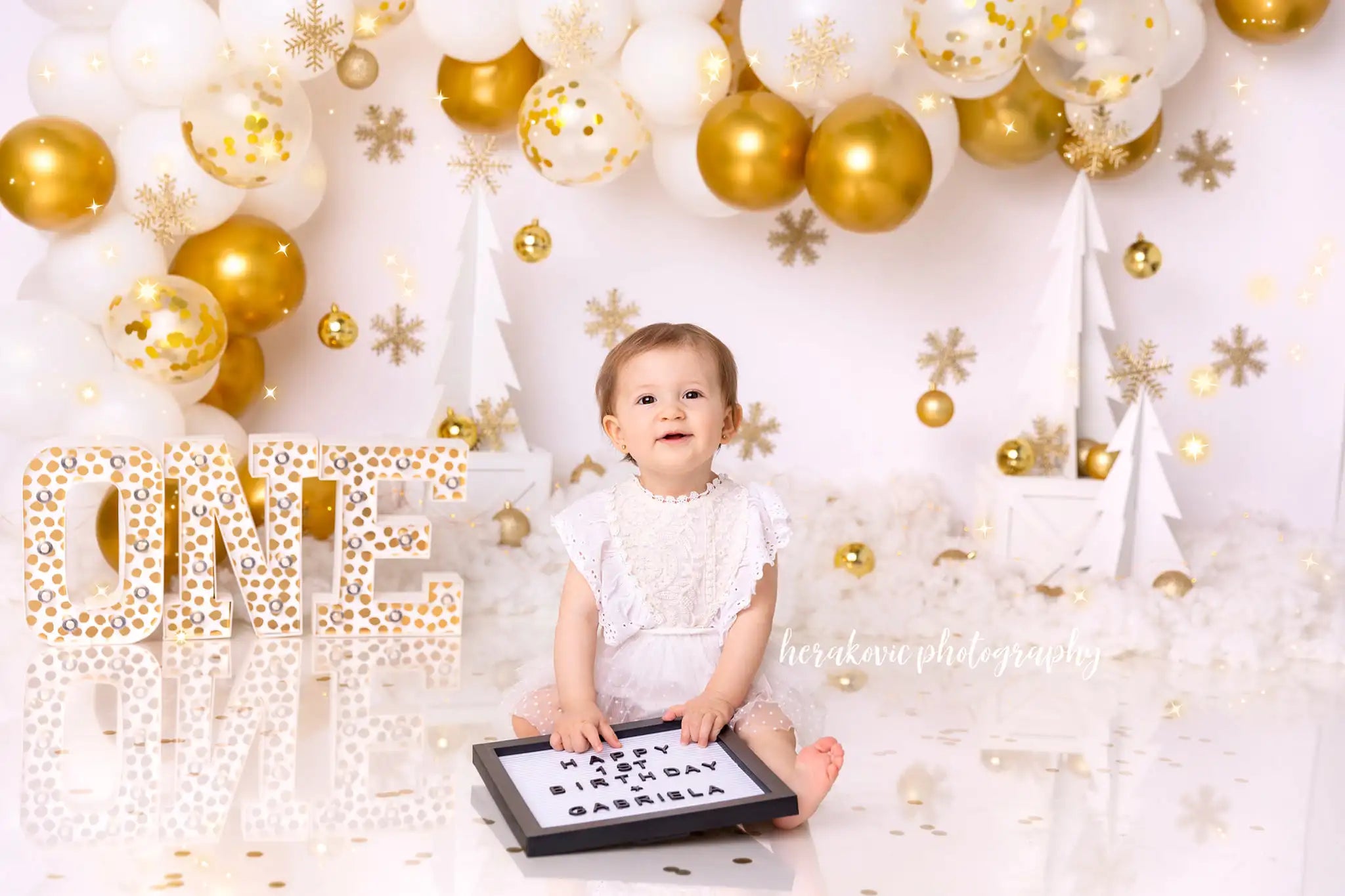 Gold and White Balloon Arch Birthday Backdrop Kids Baby Cake Smash Photography Props Child Adult Photo Shoot Backgrounds