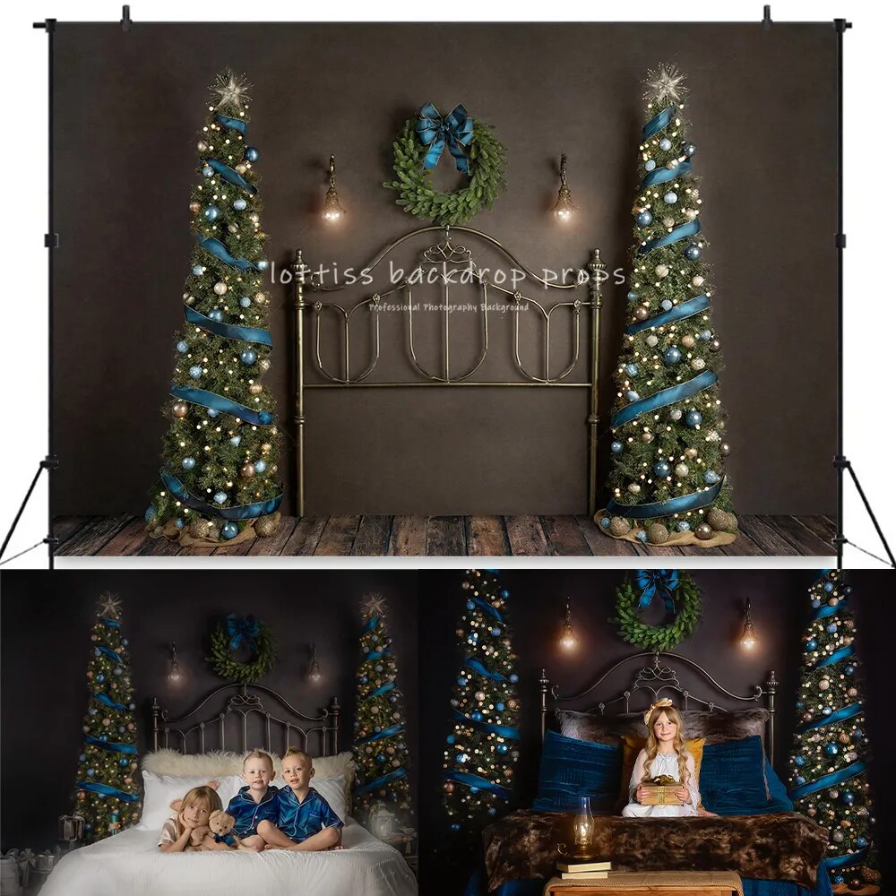 Christmas Headboard Backdrops Wooden Wall Trees Wreath For Kids Adult Portrait Baby Photography Xmas Living Room Background