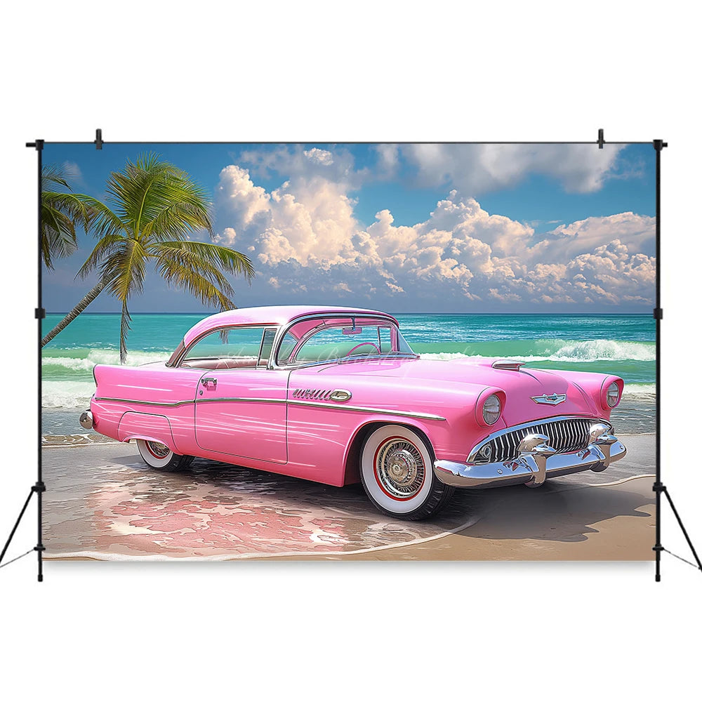 Classic Pink Car Sits on the Beach Photography Backdrop Kids Baby Cake Smash Photocall Decors Summer Plam Tree Studio Background