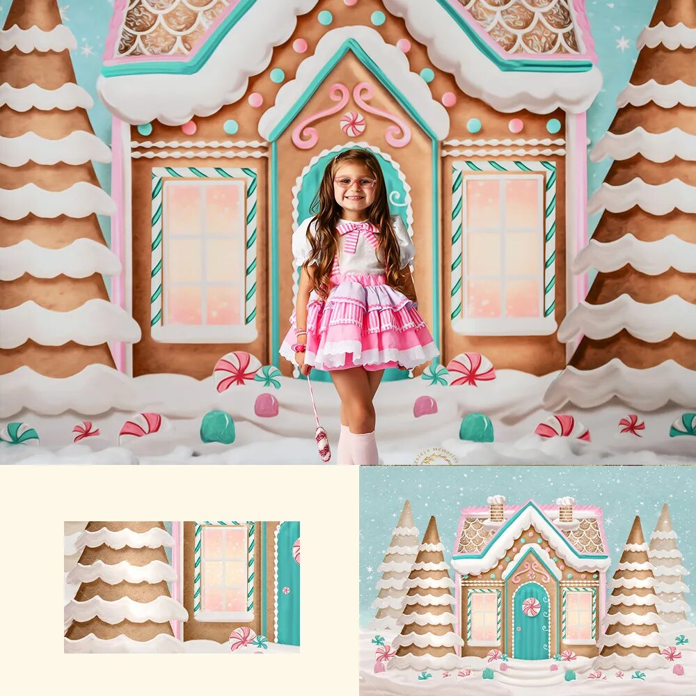 Pink Peppermint Gingerbread House Backdrops Kids Adult Photogrpahy Child Baby Photocall Props Winter Christmas Background