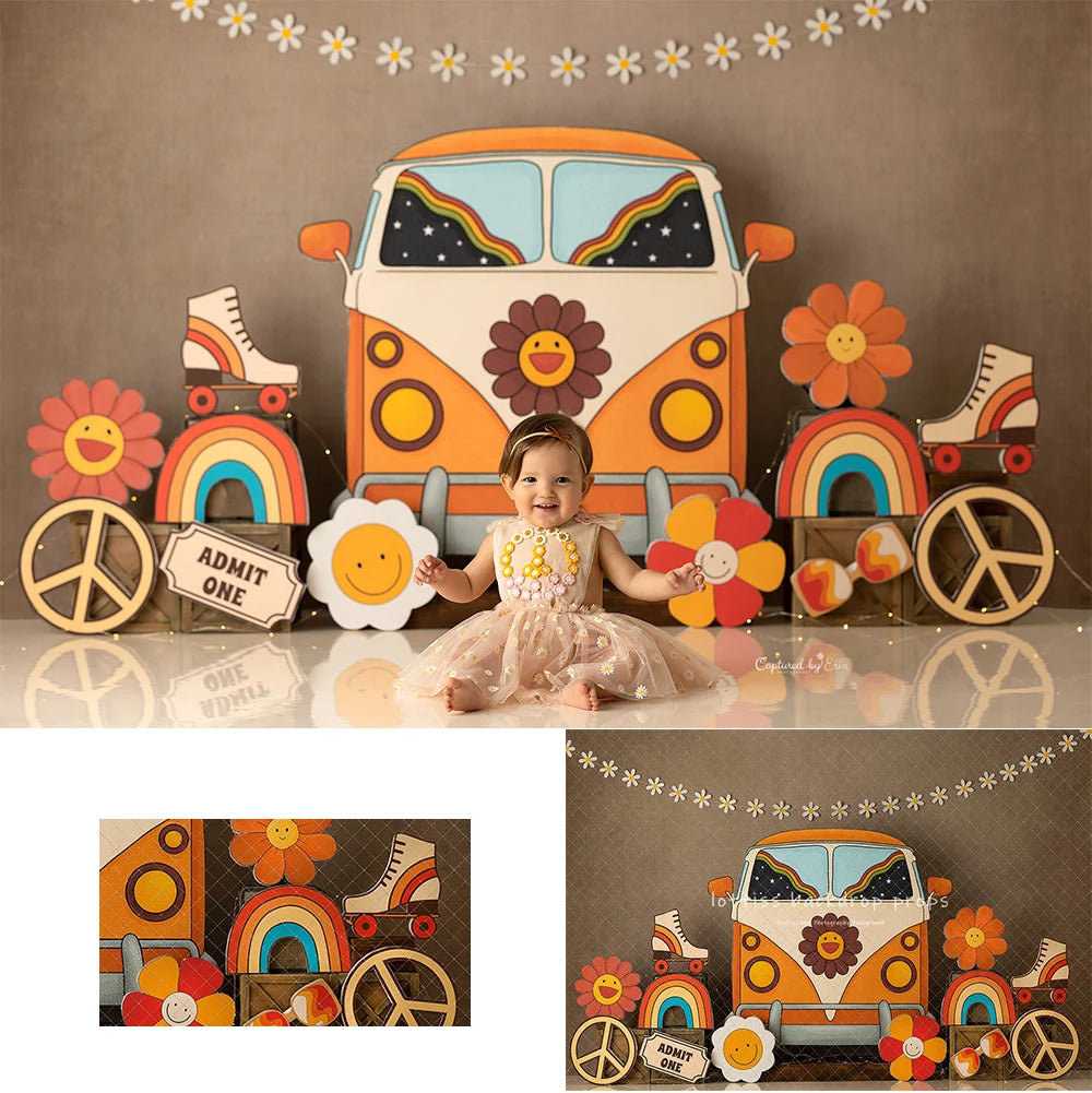 Groovy Baby Car Backdrops Kids Child Photocall Birthday Cake Smash Photogrpahy Props Floral Spring Bus Backgrounds