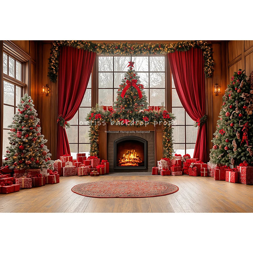 Christmas Windows Santa Fireplace Backdrops Kids Adult Child Baby Photocall Xmas Trees Living Room Red Curtains Backgrounds