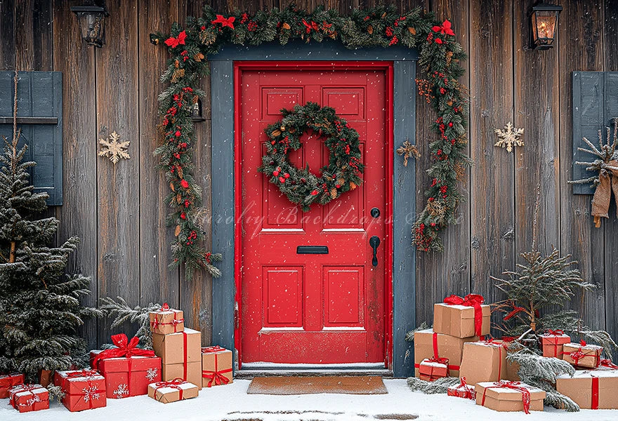 Christmas Red Door With Wreaths And Garlands Photography Backdrop Baby Kids Portrait Family Party Photocall Studio Backgrounds