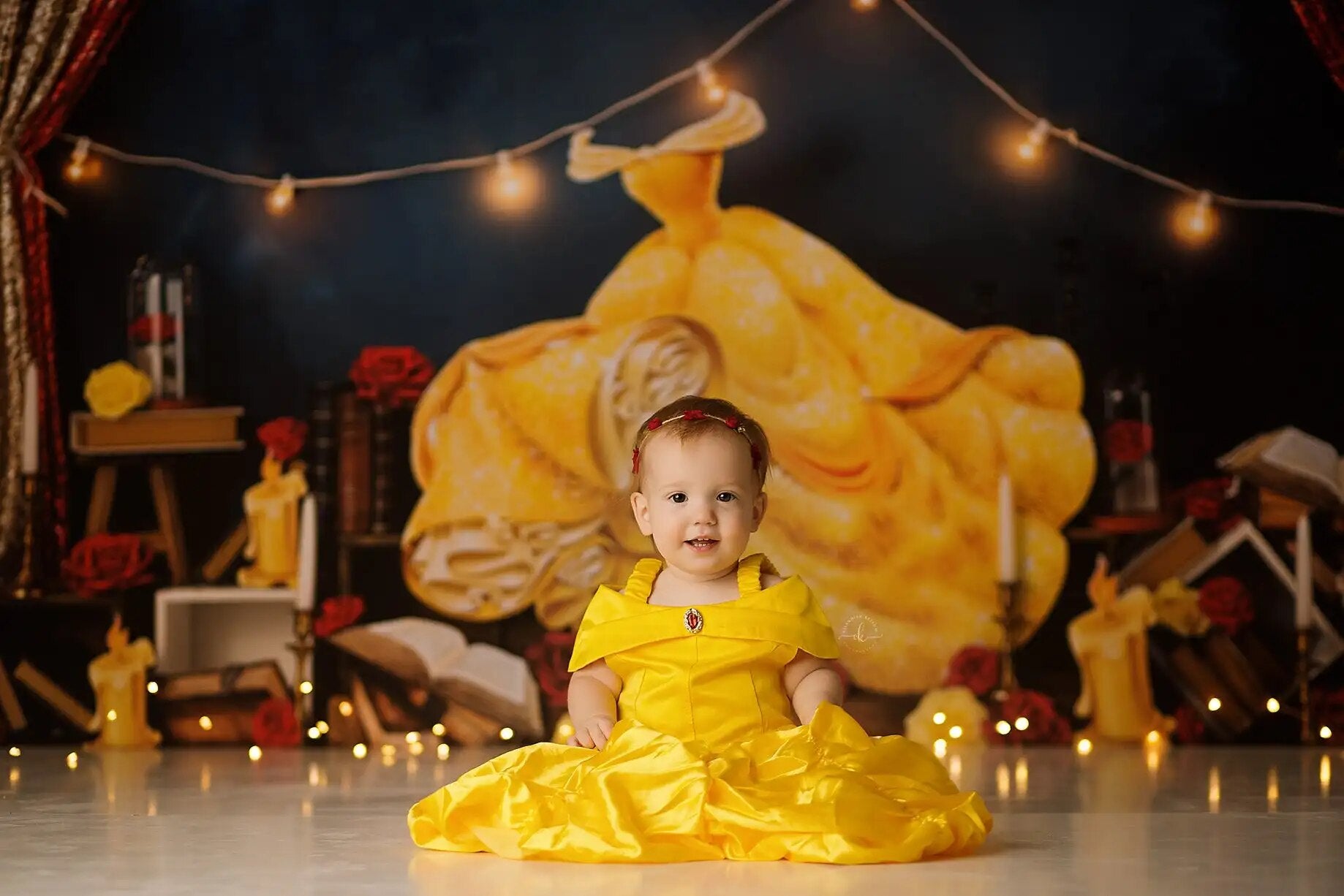 Belle Of The Ball Backdrops Kids Girl Cake Smash Birthday Photography Props Child Baby Gold Dress Party Background