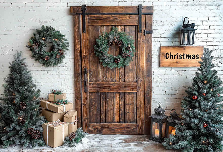 Christmas Photo Backdrop Wooden Barn Door With Fancy Trees Baby Kids Portrait Family Party Photocall Photograhy Background