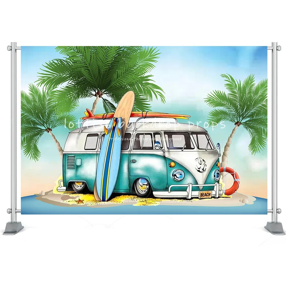 Summer Beach Backdrop Surfboard Van Palm Tree Holiday Seaside Photography Nature Scenery Baby Birthday Portrait Background