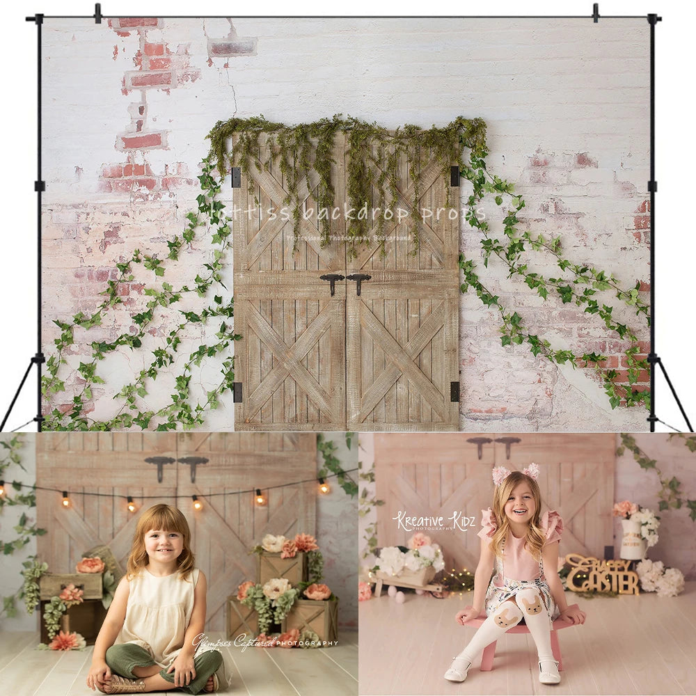 Spring Terrace Wooden Door Backdrops Kids Baby Photography Props Child Adult Photocall Decors Garden Brick Wall Backgrounds