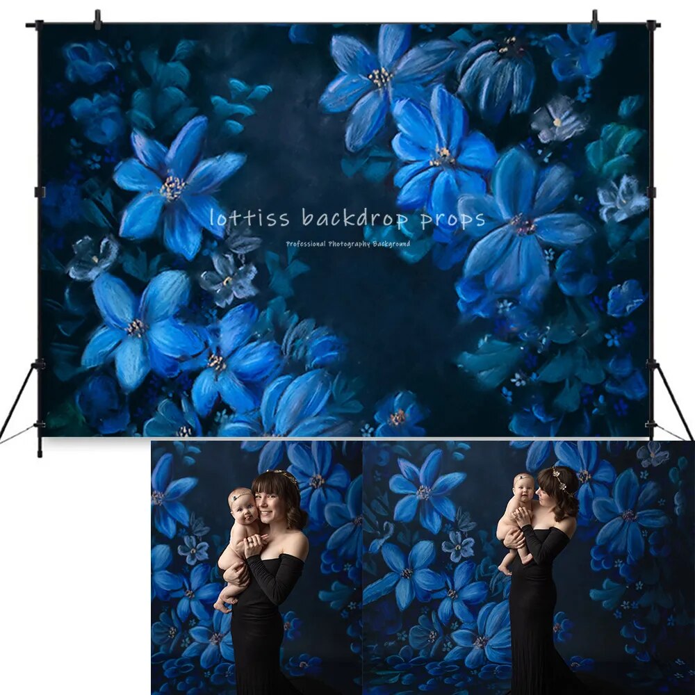 Oil Painting Blue Flowers Backdrops Pregnant Maternity Baby Portraits Studio Newborn Floral Photo Shoot Background Props