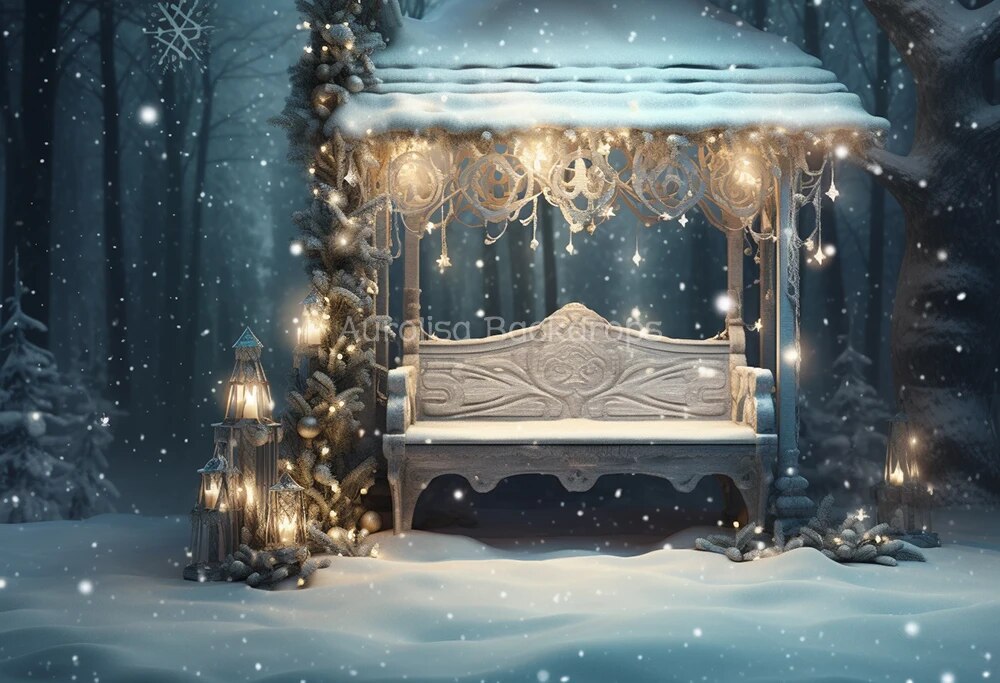 Snowy Park Chair Backdrops Kids Adult Photography Props Child Baby Photocall Decors Snowflake Winter Forest Background