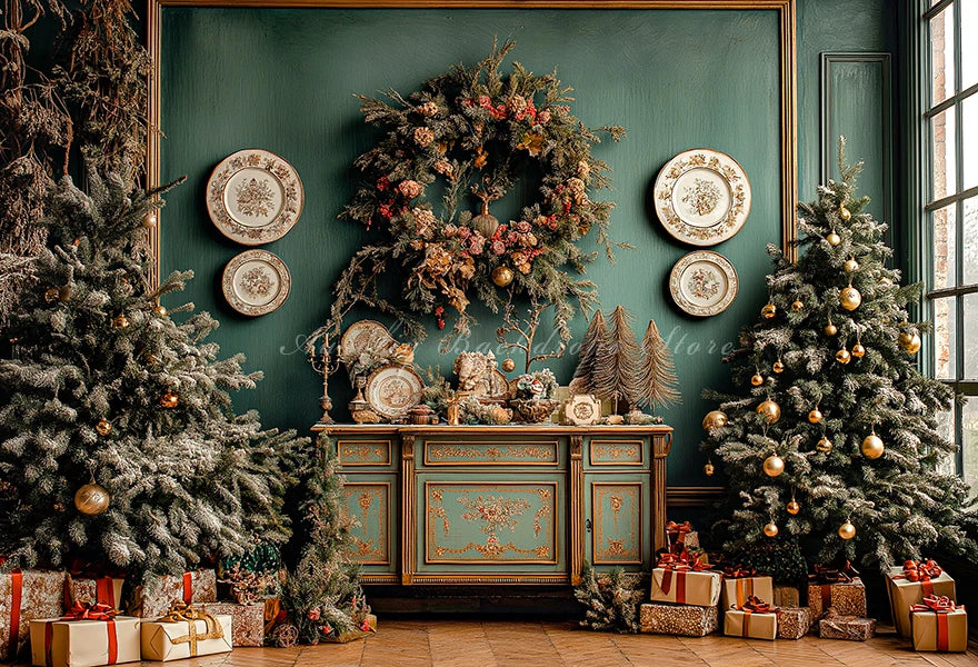 Large Cabinet With Christmas Decorations Photo Backdrop Kids Baby Cake Smash Photography Props Family Party Photocall Background