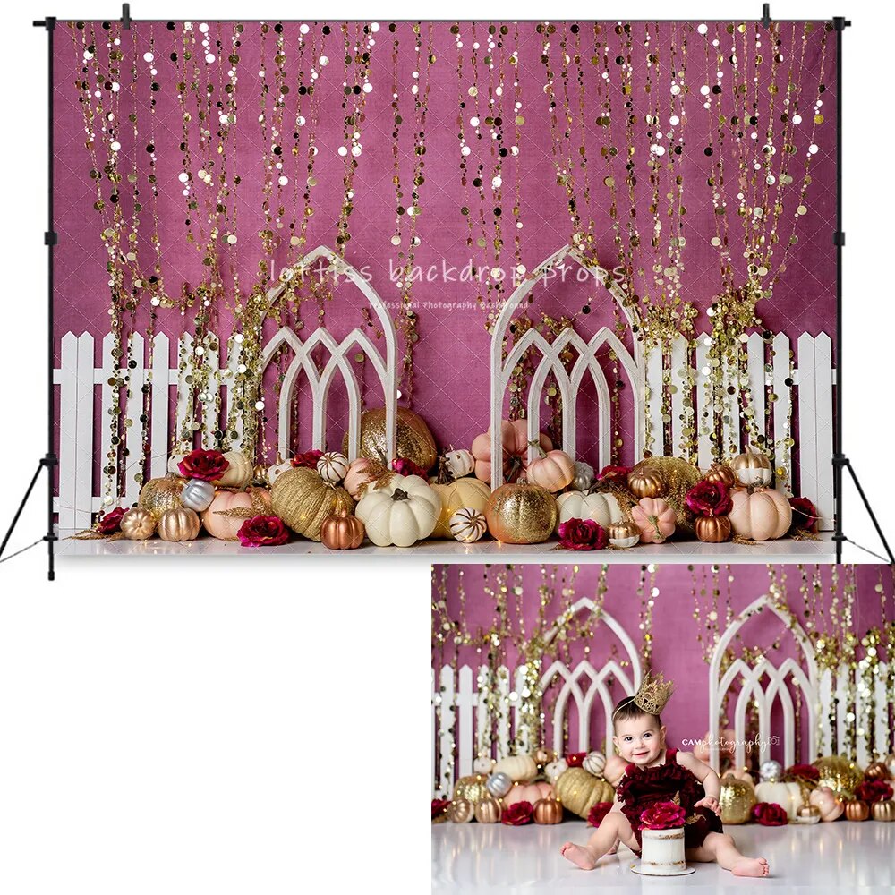 Pink Pumpkin Theme Backdrops Kids Girl Birthday Cake Smash Props Baby Child Photocall Decors Autumn Harvest Farm Background